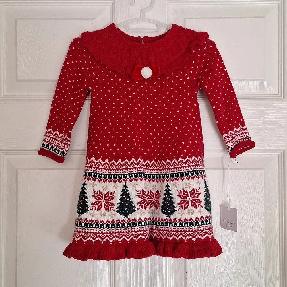 Tahari Baby Girl 12 Month Christmas Sweater Dress NWT